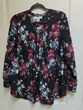 Motherhood Maternity Black Floral Pintuck Blouse with Blue and Burgundy Accents